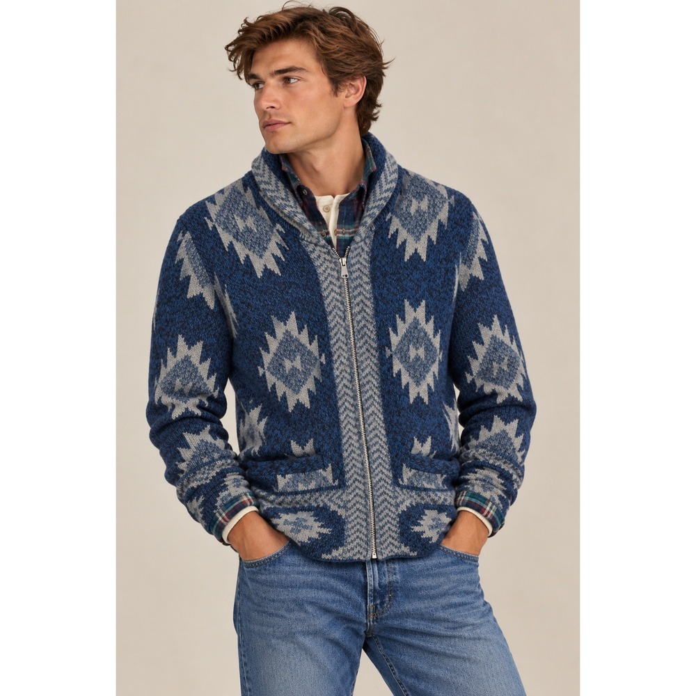 Lucky Brand Cardigan Mens S Blue Southwest Aztec Shawl Collar Full Zip Cabin